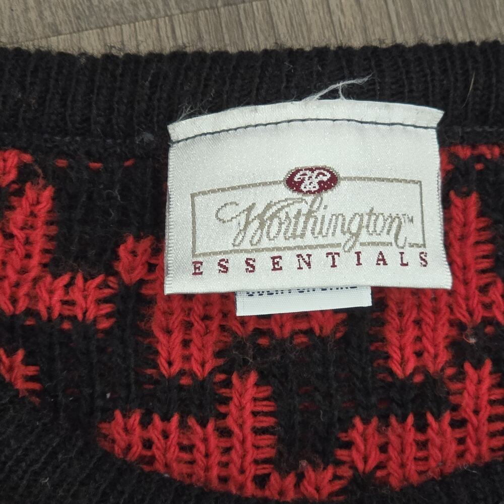Vintage 90s Red Black Checkered Plaid Womens Acrylic Country Christmas Sweater M - Picture 4 of 7